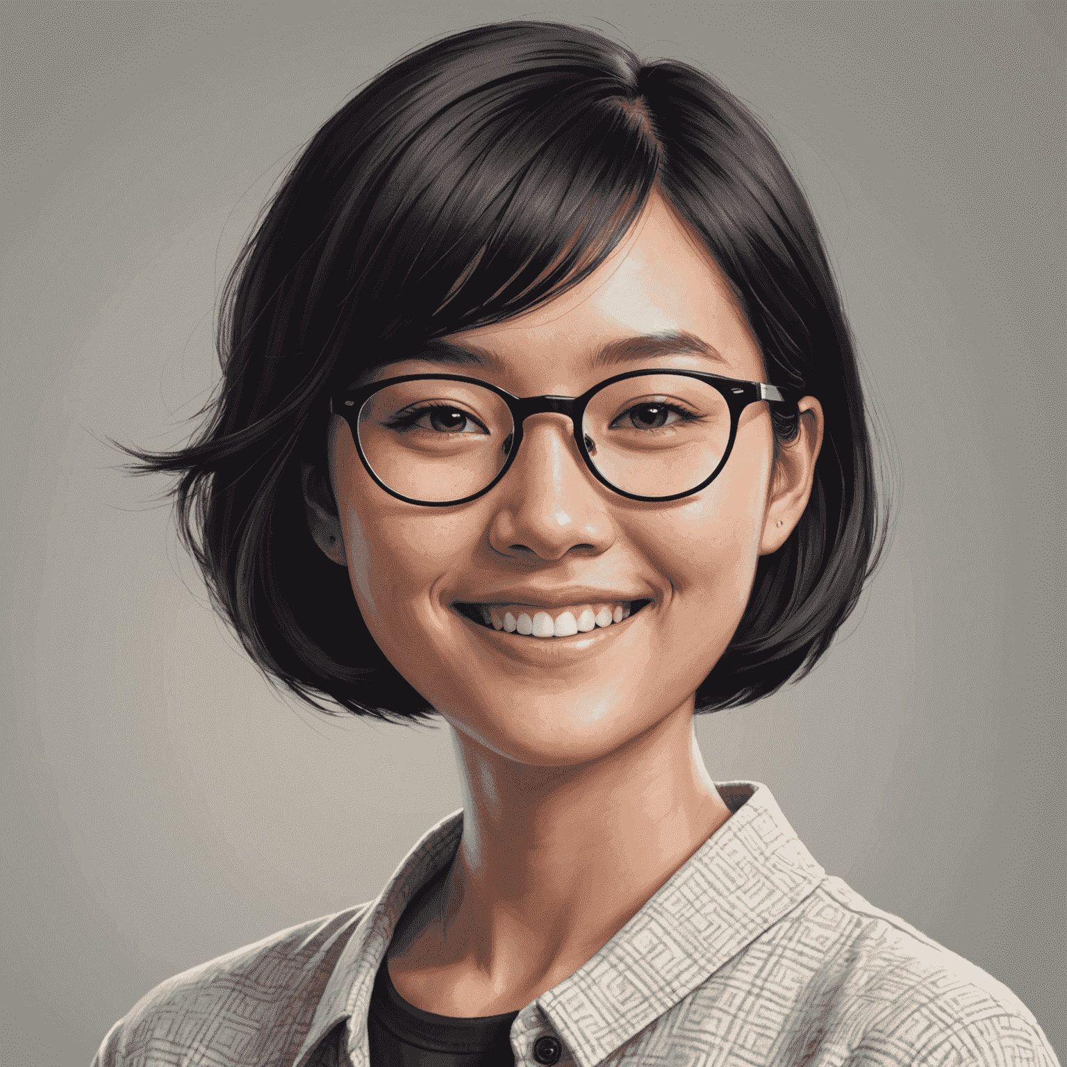 Portrait of Emma Chen, a young Asian woman with short black hair and glasses, smiling confidently