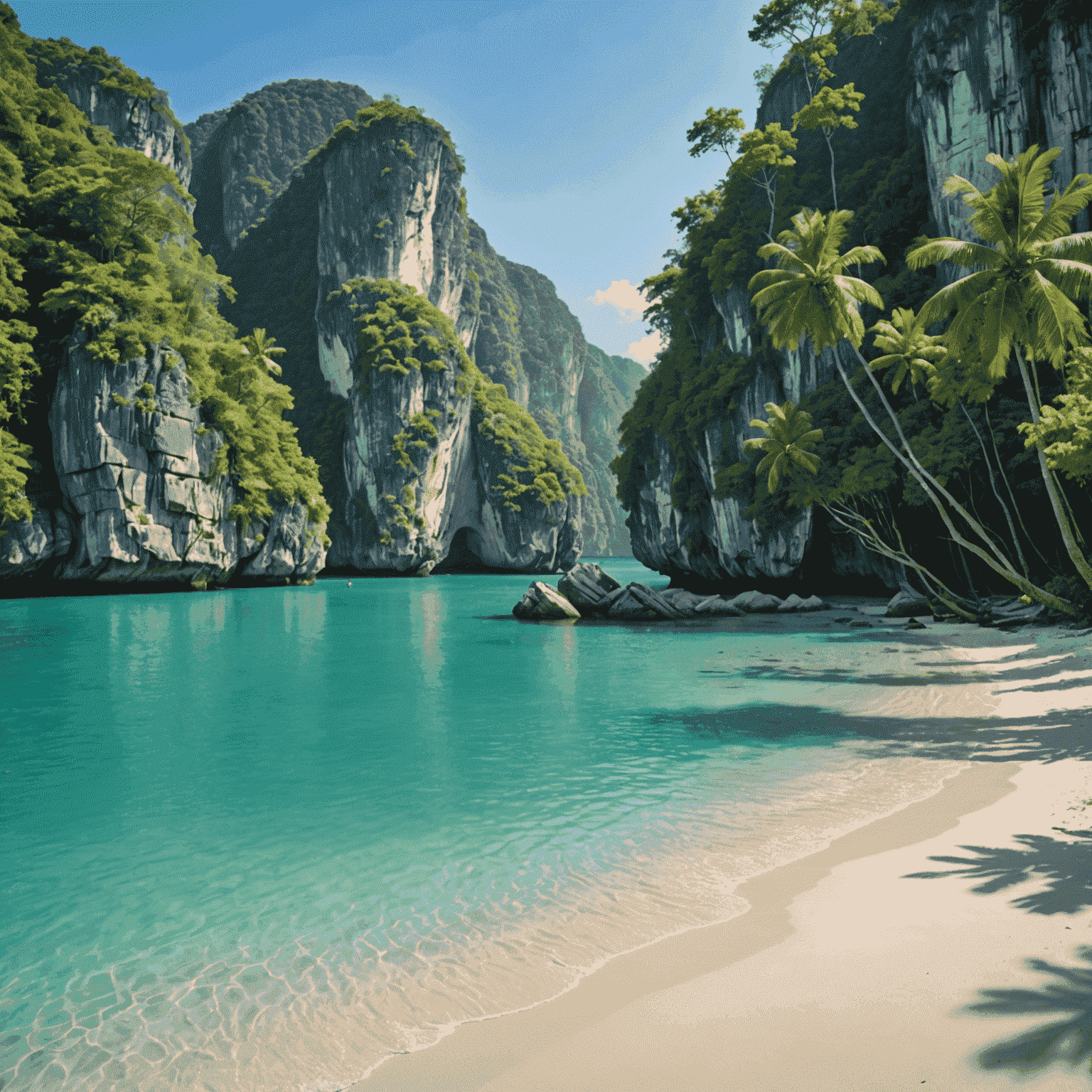 Panoramic view of a secluded beach with crystal clear turquoise waters, surrounded by lush tropical vegetation and limestone cliffs in Southeast Asia