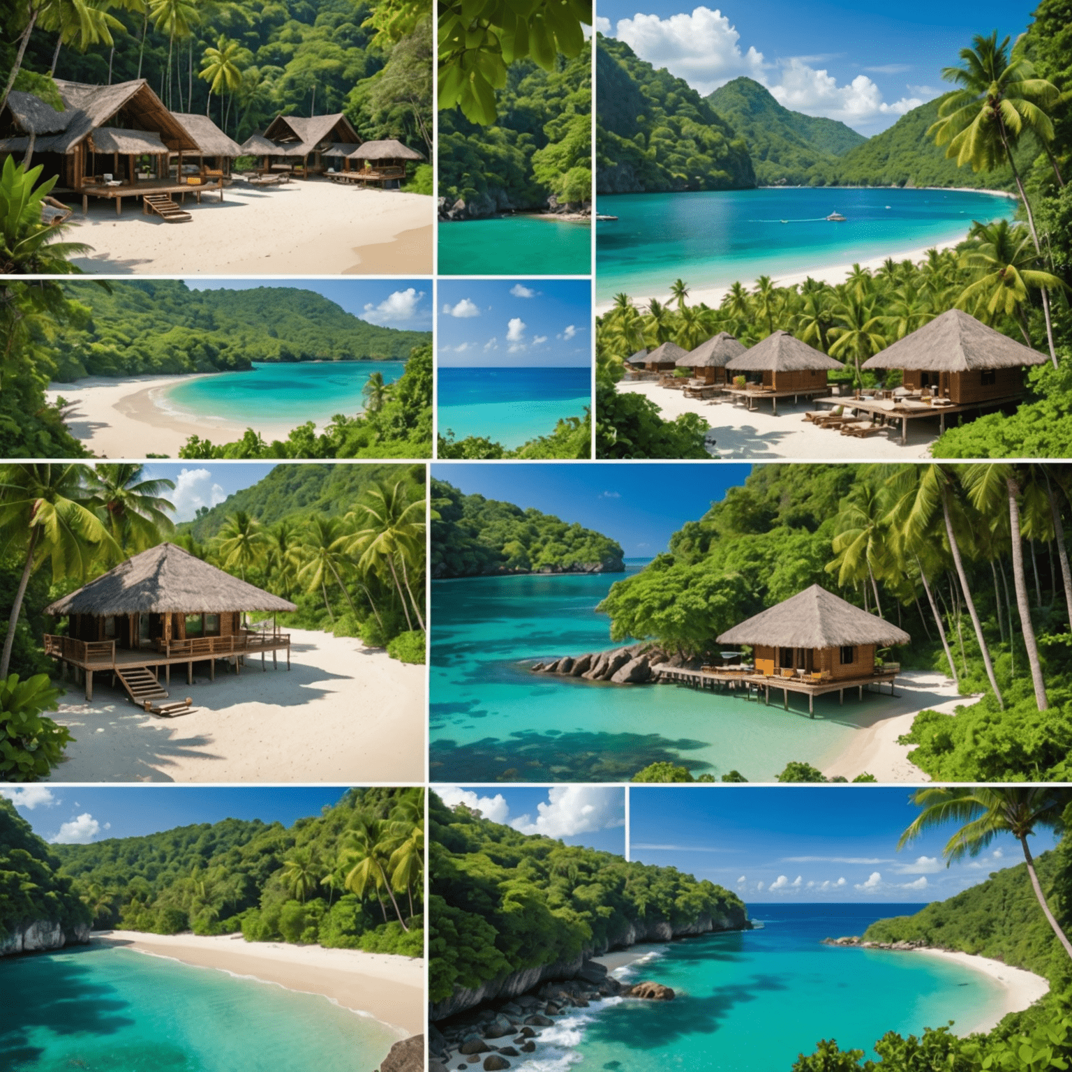 A collage of eco-friendly destinations showing a lush green forest, a pristine beach with clear waters, and a sustainable eco-lodge nestled in nature