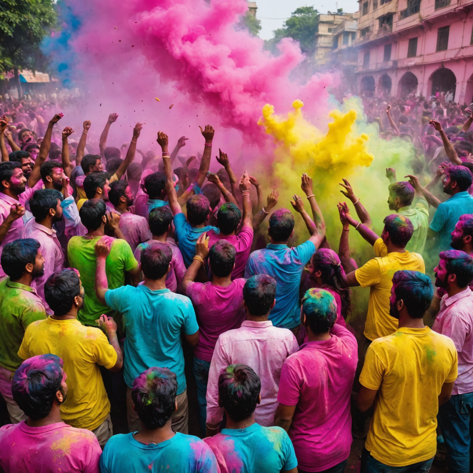 Crowds of people throwing colorful powder during Holi festival in India. The image is filled with vibrant hues of pink, blue, green, and yellow, creating a joyful and chaotic atmosphere.