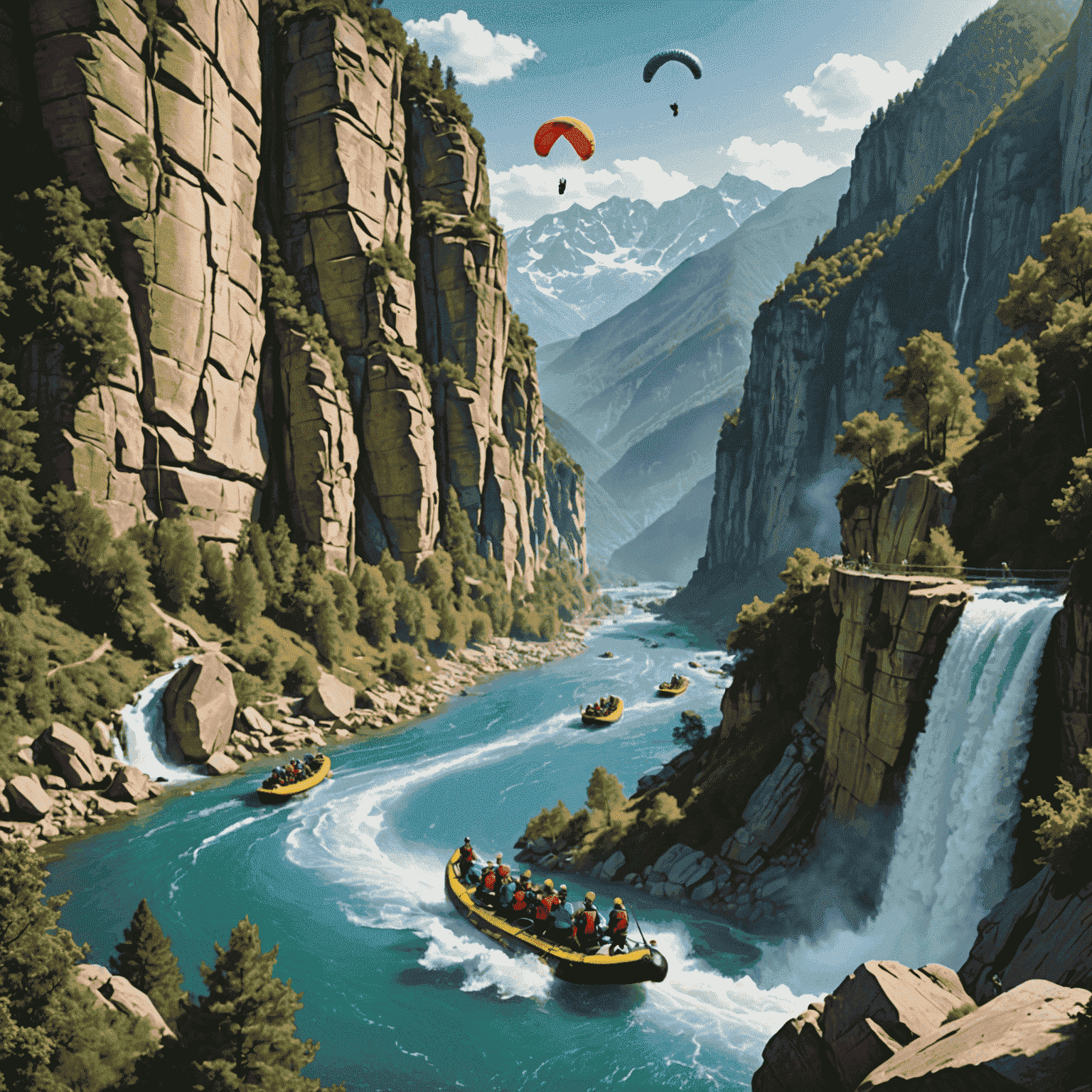 A montage of adventure activities including bungee jumping, white water rafting, and rock climbing set against a backdrop of stunning natural landscapes