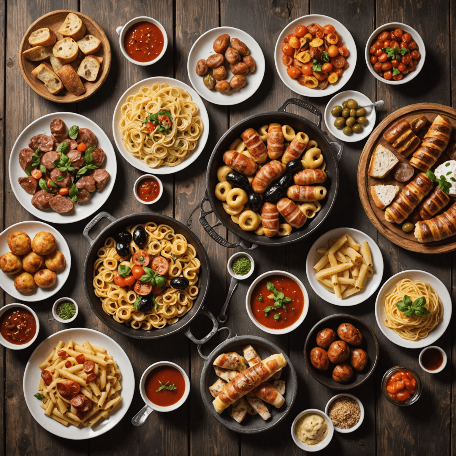 A mouthwatering display of diverse European dishes, from Italian pasta and French pastries to German sausages and Spanish tapas, arranged on a rustic wooden table.