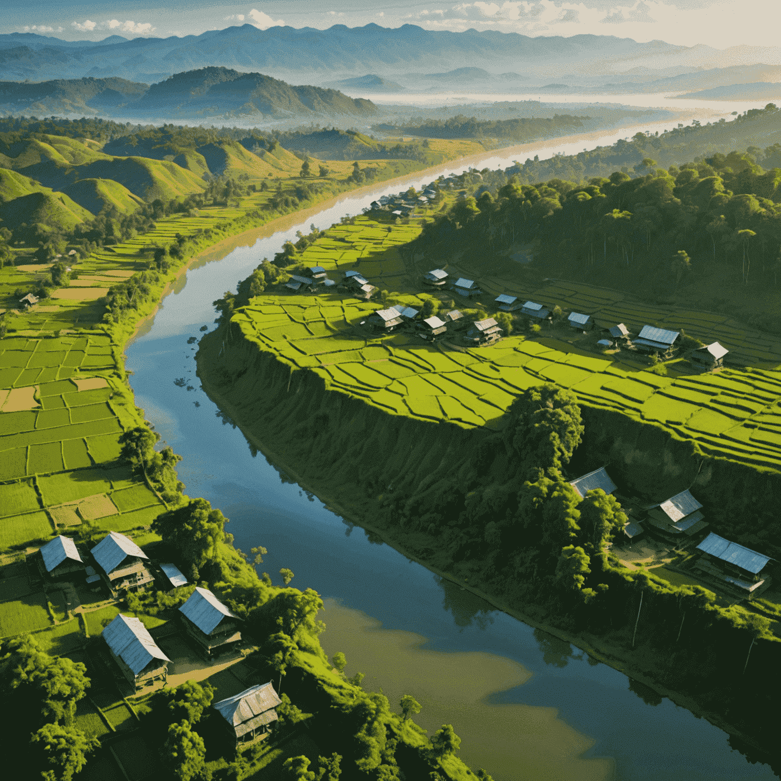 Aerial view of Hsipaw's lush green landscape with winding rivers, traditional stilt houses, and misty mountains in the background