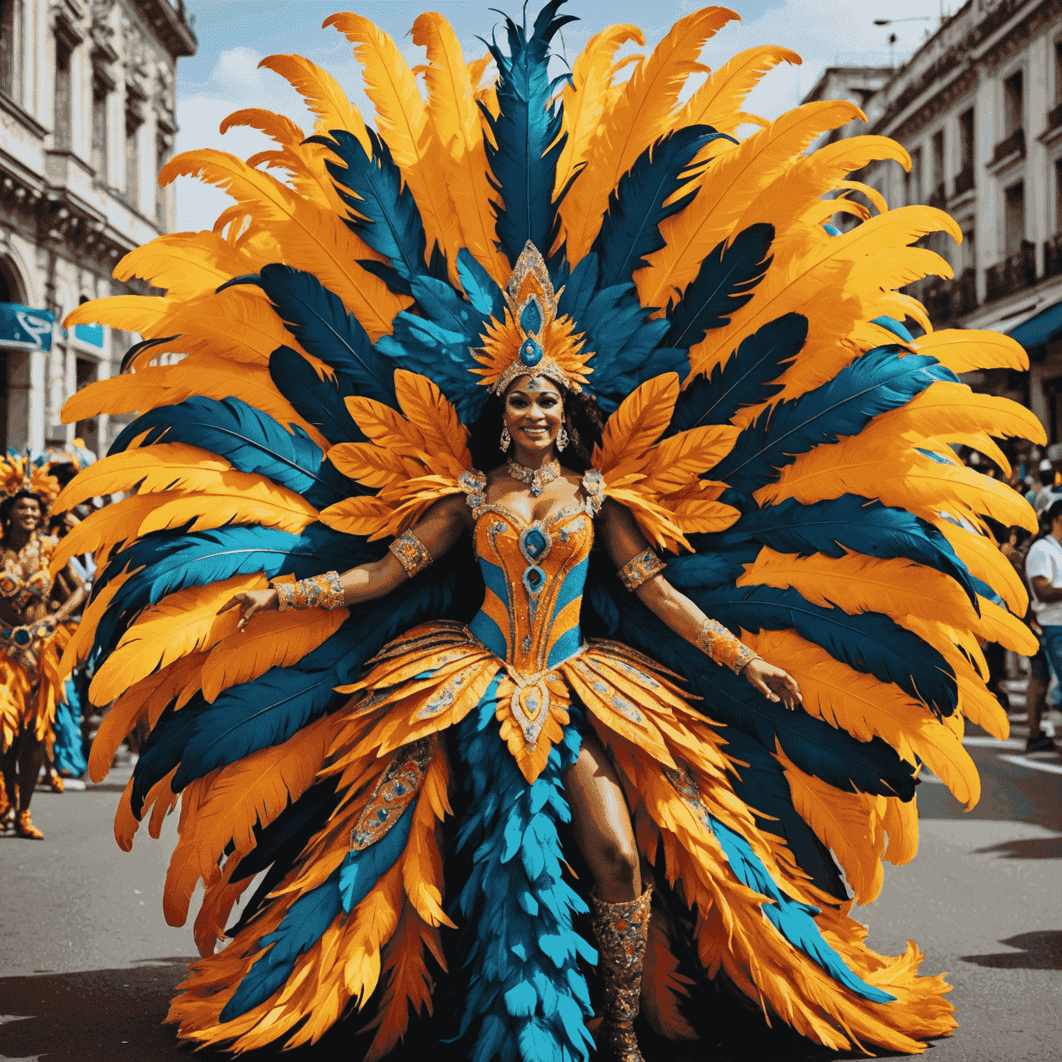 Elaborate parade float with dancers in colorful, feathered costumes during Rio de Janeiro's Carnival. The image showcases the grandeur and energy of the celebration with samba dancers and intricate decorations.