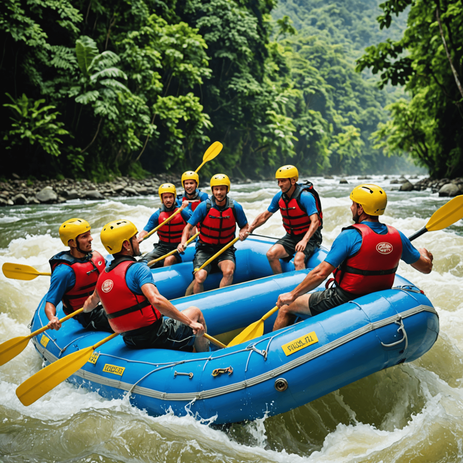 A group of adventurers white water rafting on the Pacuare River in Costa Rica, surrounded by lush green rainforest