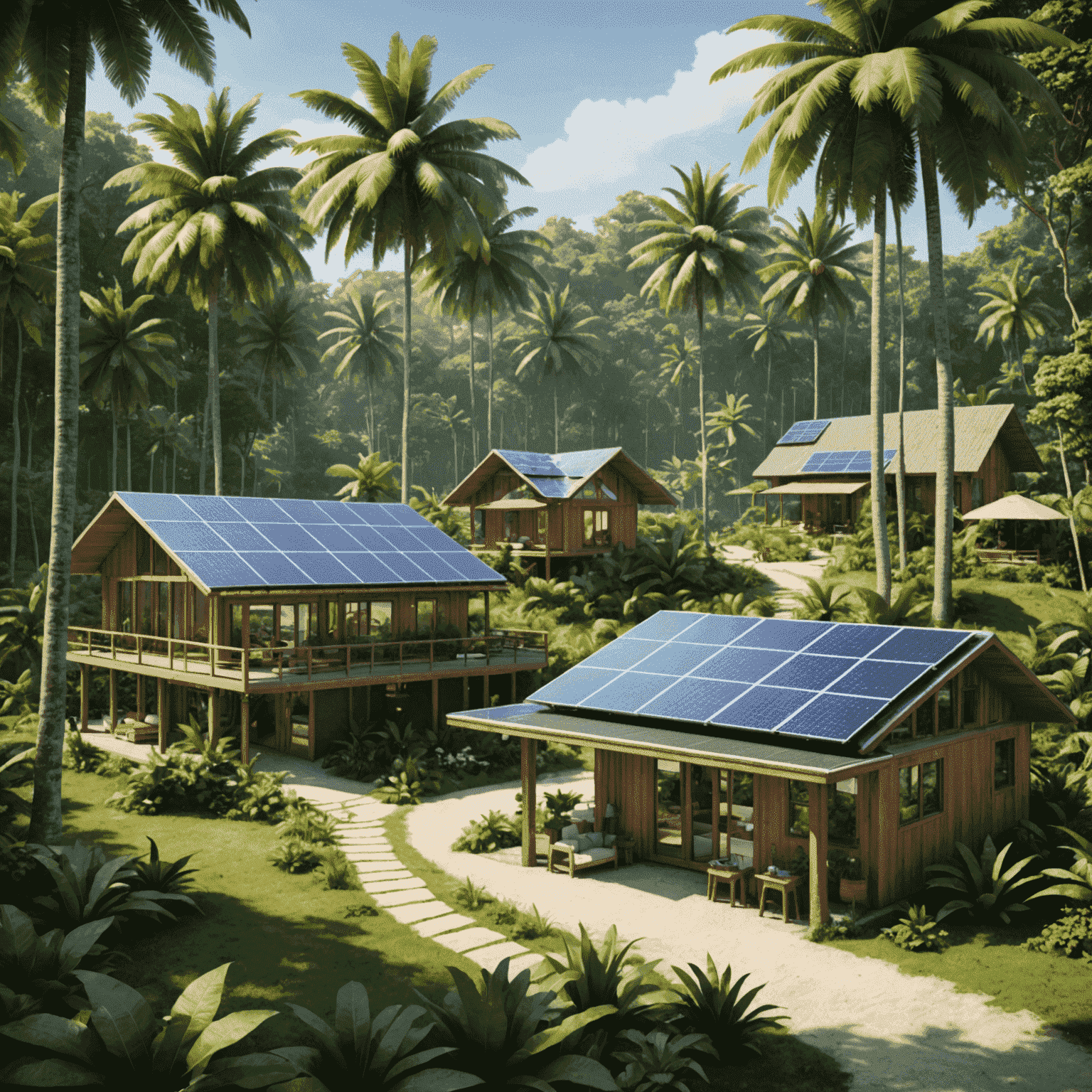 A serene eco-resort nestled in a lush forest, featuring solar panels, a organic garden, and guests participating in a beach clean-up activity.