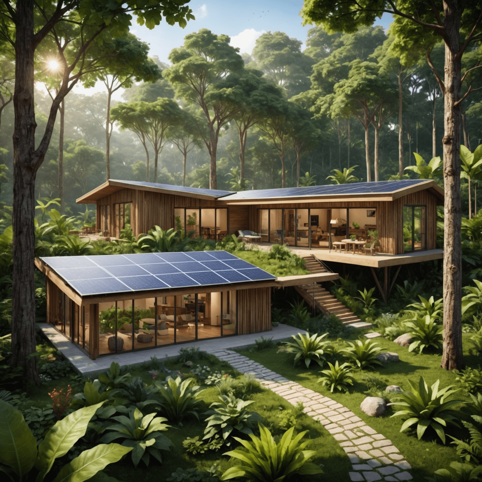 A serene eco-lodge nestled in a lush forest, featuring solar panels, a vegetable garden, and guests engaging in sustainable activities like tree planting.