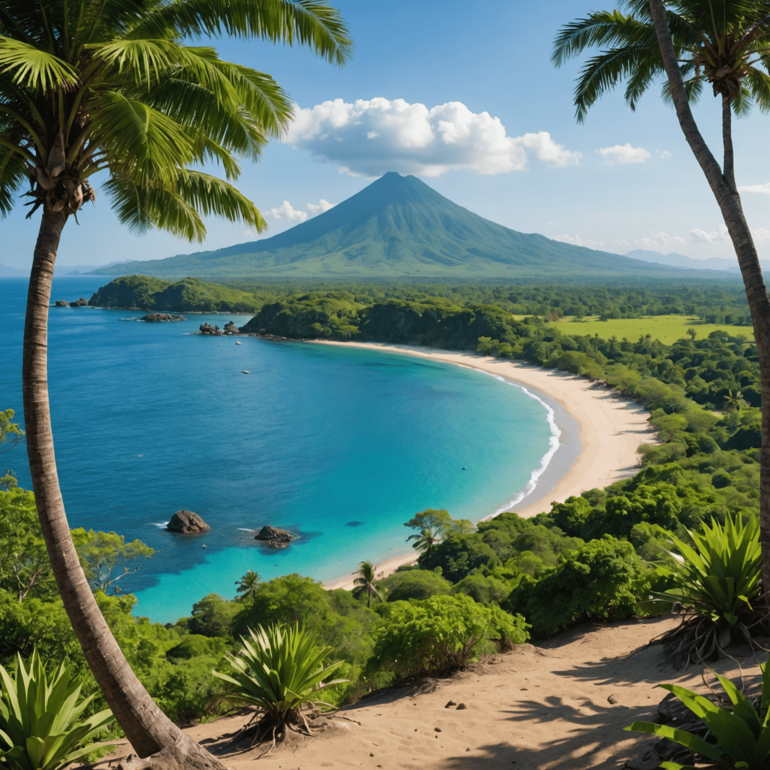 Panoramic view of Sumbawa's coastline featuring pristine beaches, turquoise waters, and lush tropical forests with a distant volcano in the background