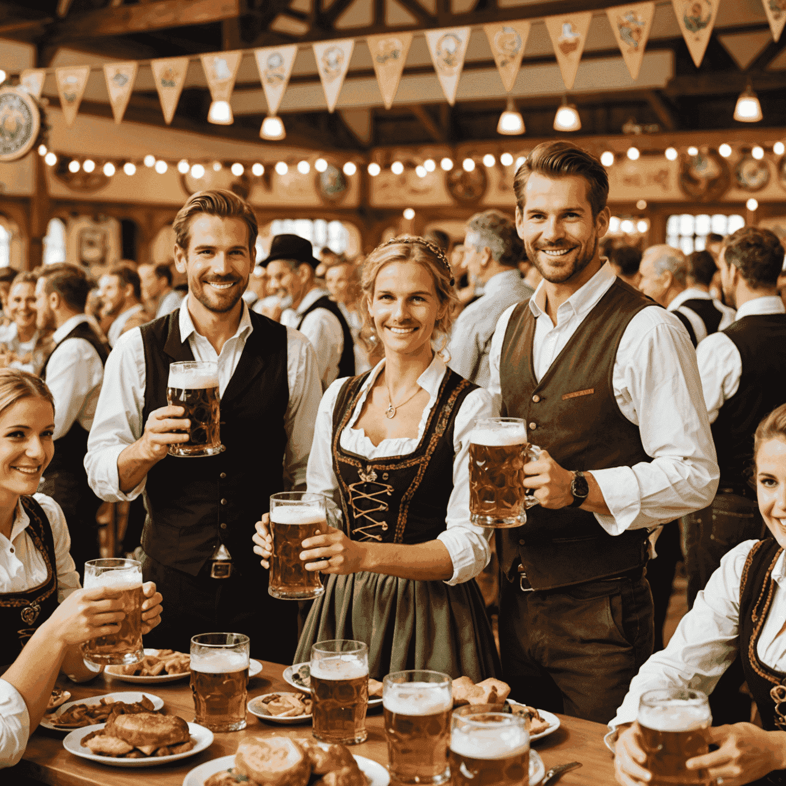 Large beer hall filled with people in traditional Bavarian dress, holding steins of beer during Oktoberfest in Munich. The image captures the festive atmosphere with long tables, decorative banners, and cheerful attendees.