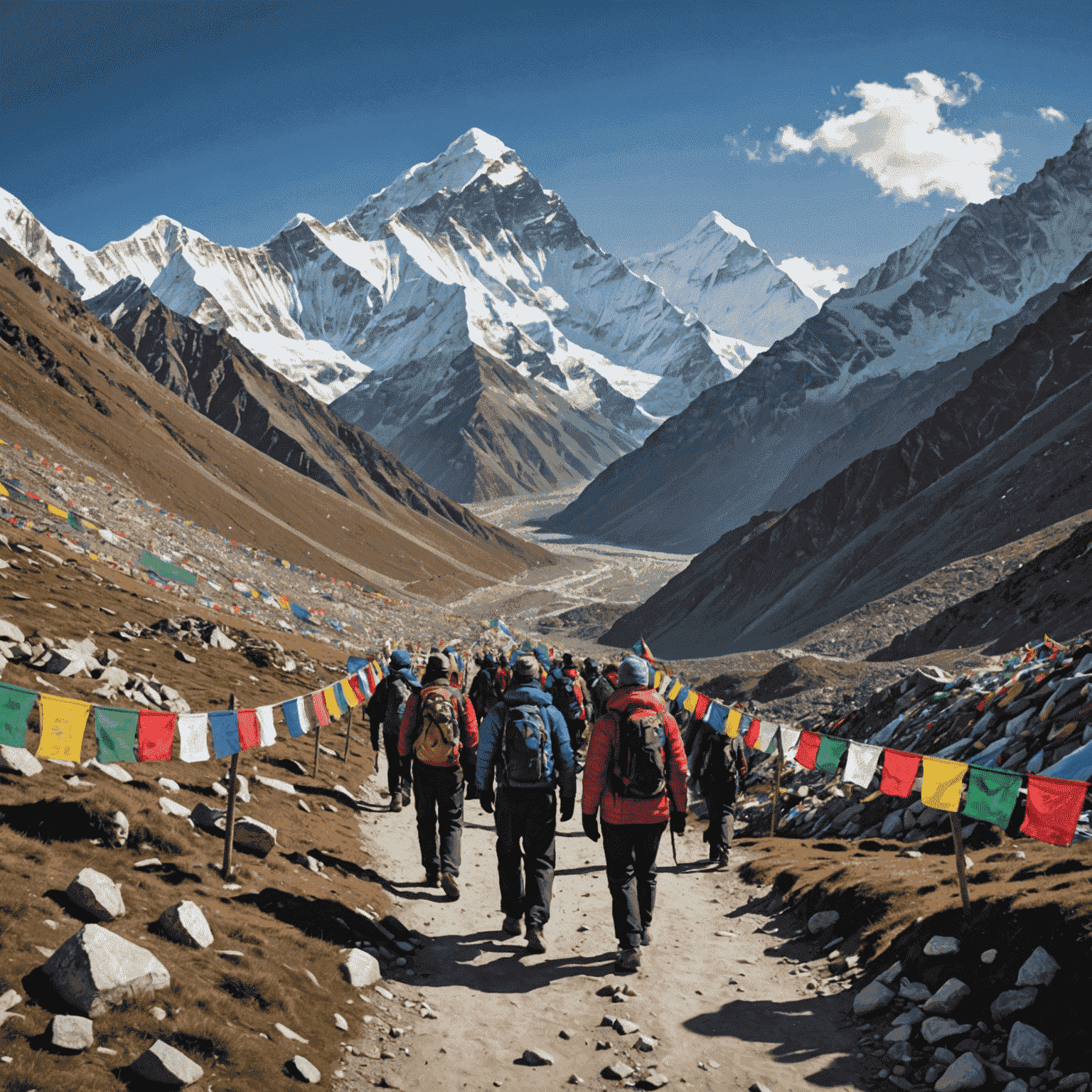 A group of trekkers on the path to Everest Base Camp, with snow-capped Himalayan peaks in the background and colorful prayer flags in the foreground