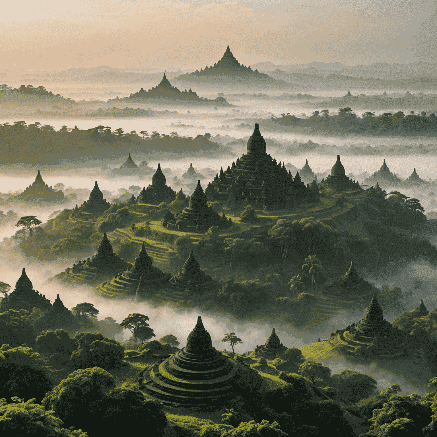 Misty sunrise over the ancient temples of Mrauk U, with pagodas and stupas emerging from the morning fog amidst lush green hills