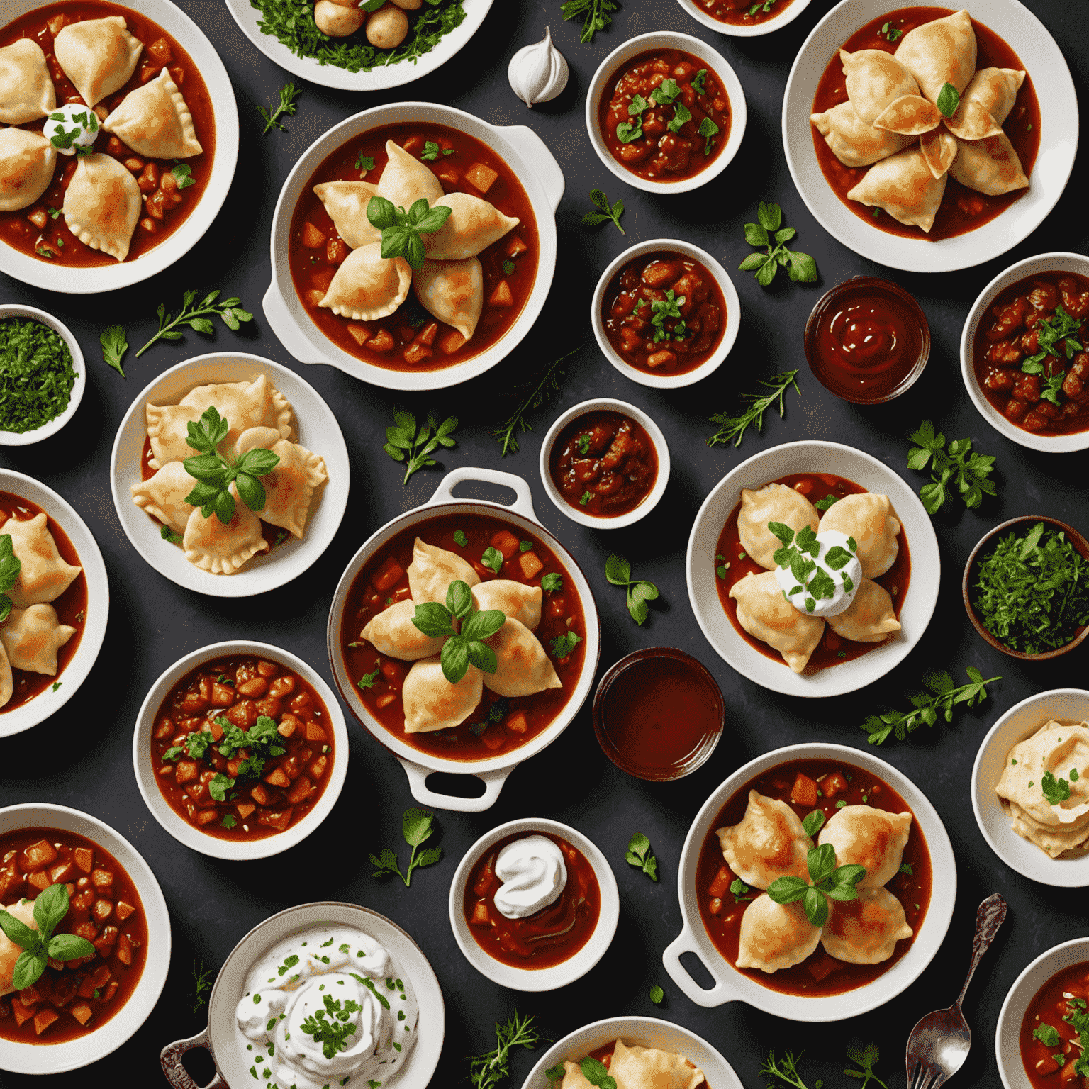 A colorful spread of Eastern European dishes including Polish pierogi, Russian borscht, and Romanian sarmale, garnished with fresh herbs and sour cream