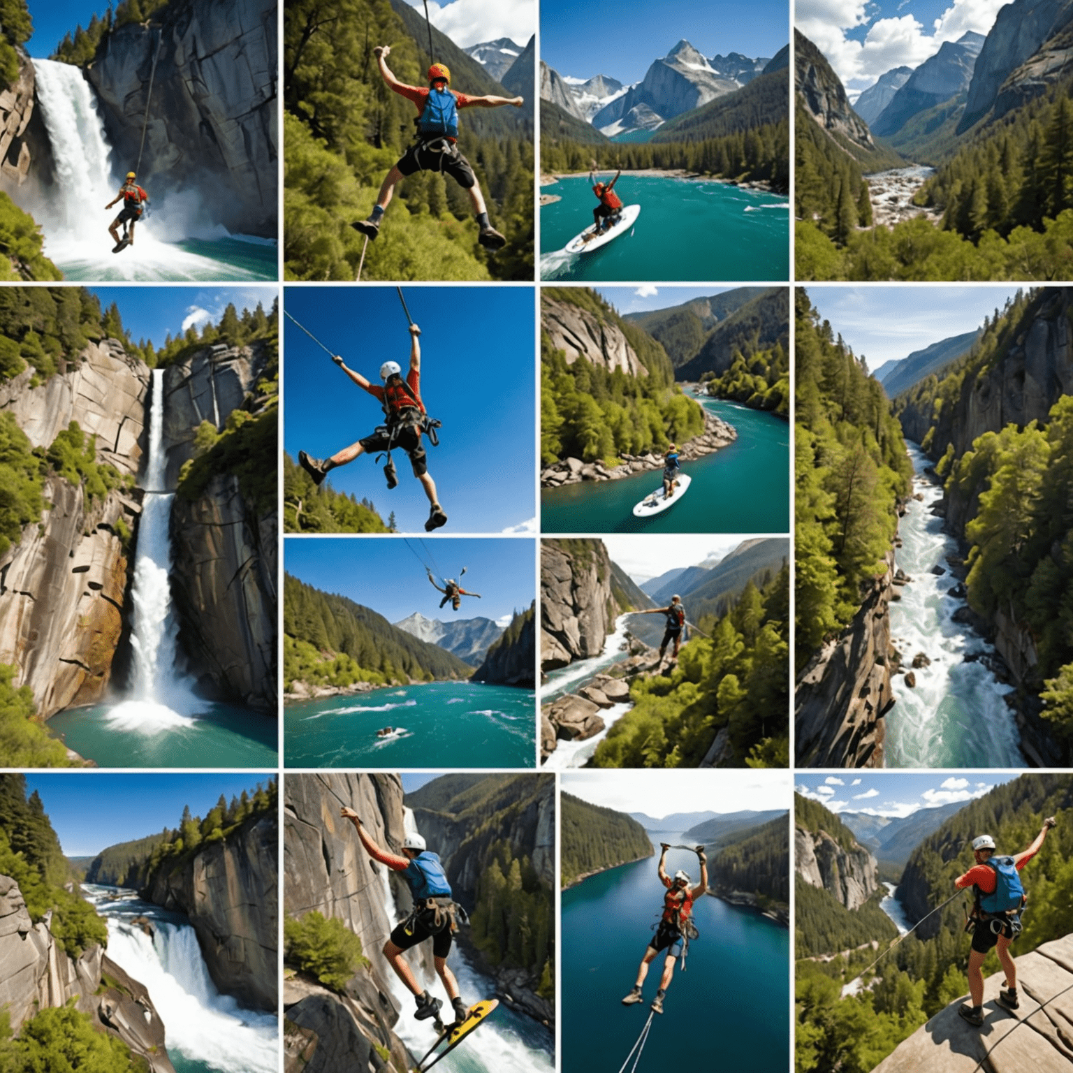 A collage of thrilling activities including bungee jumping in New Zealand, white-water rafting in Costa Rica, and rock climbing in Yosemite National Park.